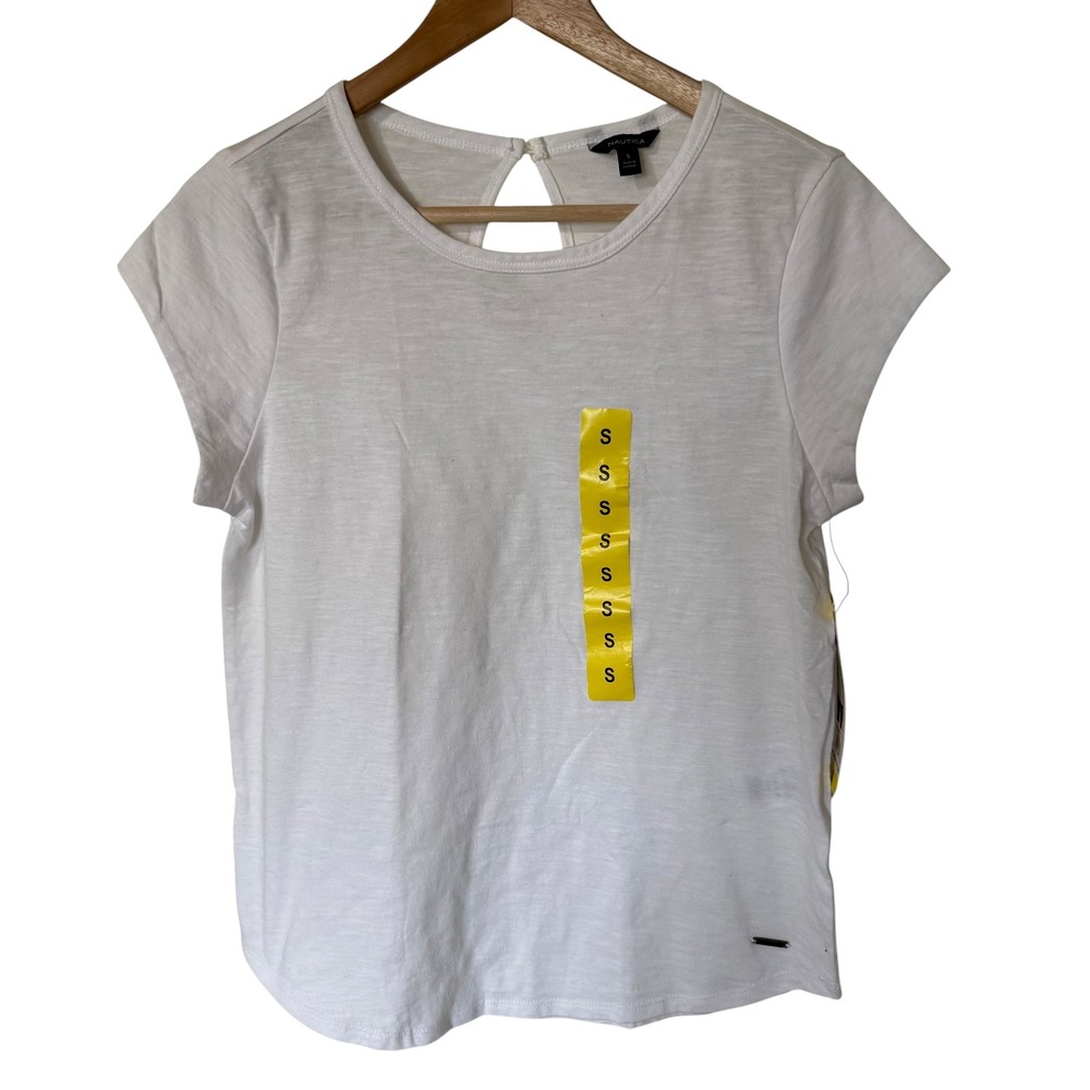 Nautica T-Shirt Women Small White NEW Keyhole Back Slub Knit Short Sleeve Tee